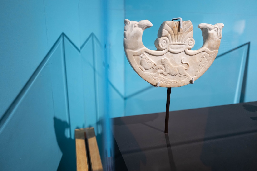 (Trent Nelson  |  The Salt Lake Tribune) Pelta with Masks, part of Pompeii: The Exhibition, opening Saturday at The Leonardo in Salt Lake City on Thursday Nov. 21, 2019.