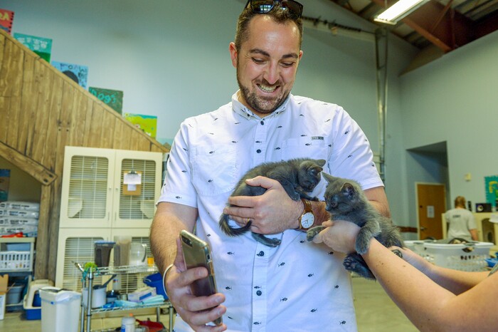 (Leah Hogsten  |  The Salt Lake Tribune) Park City resident Nick Gradinger giggles as he shows the two Russian Blue kittens he plans on adopting from Nuzzles & Co. Salt Lake City car seller Mark Miller Subaru has contributed an estimated $120,000 and 2,000 service hours to Nuzzles & Co, a no-kill nonprofit in Peoa. The car dealer is one of the first Utah businesses to adopt a new state Benefit LLC legal status, balancing doing social good with making profits.