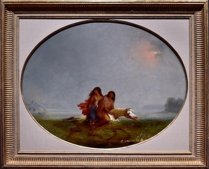 (Scott Sommerdorf | The Salt Lake Tribune)
Alfred Jacob Miller's work "Indian Elopement" - 1852 is on display as part of the Utah Museum of Fine Art's new special exhibit of the touring show "Go West!" - Art of the American Frontier from the Buffalo Bill Center of the West, Wednesday, November 29, 2017.
The exhibit opens to the public on Sunday, Dec 3.
