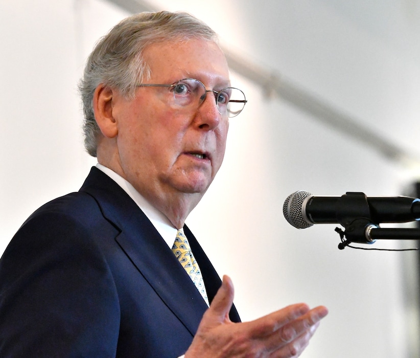 Senate Majority Leader Mitch McConnell, R-Ky., speaks to the audience at the Lincoln Day Dinner, Friday, June 30, 2017, in Elizabethtown, Ky. (AP Photo/Timothy D. Easley)