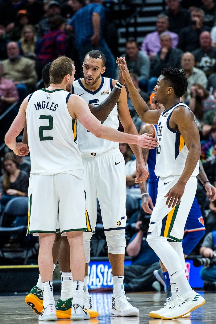 (Chris Detrick  |  The Salt Lake Tribune)  Utah Jazz forward Joe Ingles (2) Utah Jazz guard Joe Johnson (6) Utah Jazz center Rudy Gobert (27) and Utah Jazz guard Donovan Mitchell (45) during the game at Vivint Smart Home Arena Friday, January 19, 2018.  New York Knicks defeated Utah Jazz 117-115.