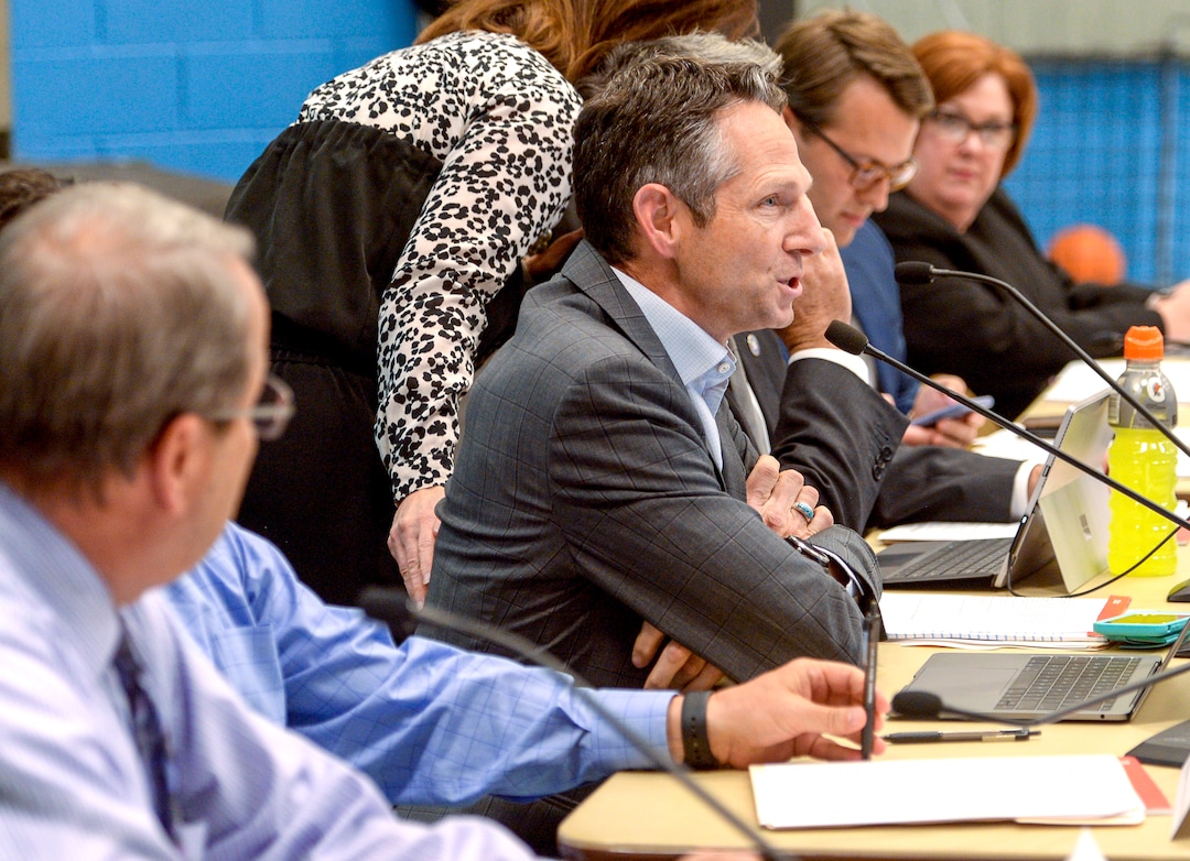 Leah Hogsten  |  The Salt Lake Tribune   A group called Civil Riot shut down the Inland Port Authority Board meeting at North Star ElementaryÕs gymnasium Wednesday, April 24, 2019 shortly after it began by speaking over board chairman Derek Miller, center.