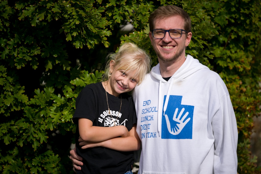 (Trent Nelson  |  The Salt Lake Tribune) DJ Bracken, founder of the Utah Lunch Debt Relief Foundation, and his daughter, Liara Bracken, in Riverton on Tuesday, Sept. 30, 2025.
