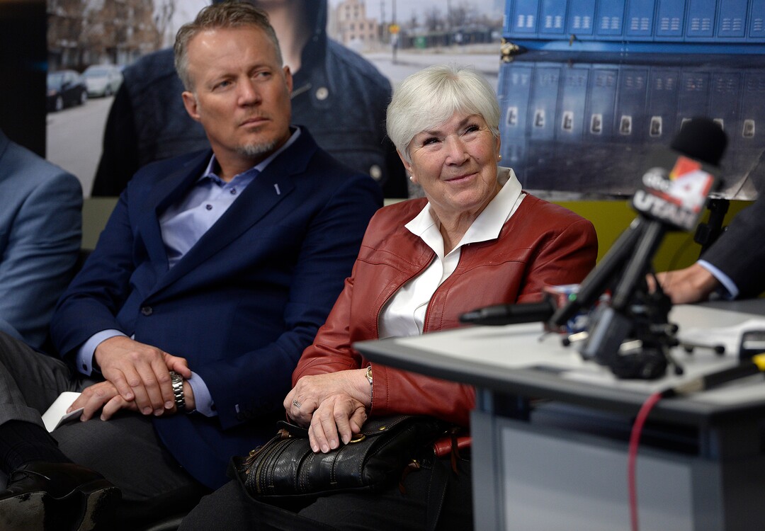 (Scott Sommerdorf   |  The Salt Lake Tribune)   Gail Miller listens as she and the Miller family are thanked after they announced a challenge grant of up to 10 million dollars to fund future homeless programs and services at the VOA, Utah Homeless Youth Resource Center, Thursday, August 17, 2017. 