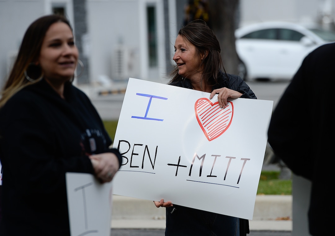 (Francisco Kjolseth | The Salt Lake Tribune) Heather Athay expresses her support as two competing rallies spar near Rep. Ben McAdams' office in West Jordan, one seeking to support McAdams and one to criticize him for supporting the impeachment inquiry of President Donald Trump on Wednesday, Oct. 9, 2019.