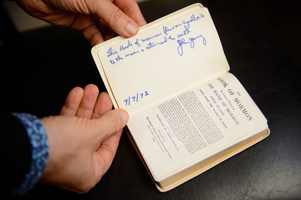 (Trent Nelson  |  The Salt Lake Tribune) 
Astronaut John Young's signature on a Book of Mormon that went to the moon in 1972. Photographed in Salt Lake City on Wednesday, Oct. 2, 2019.