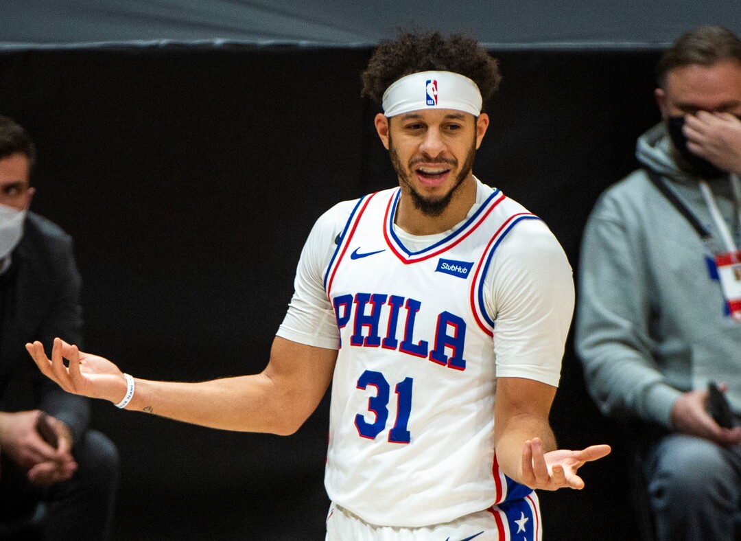 (Rick Egan | The Salt Lake Tribune) Philadelphia 76ers guard Seth Curry (31) complains about a call to the official, in NBA action between the Utah Jazz and the Philadelphia 76ers at Vivint Arena, on Monday, Feb. 15, 2021.