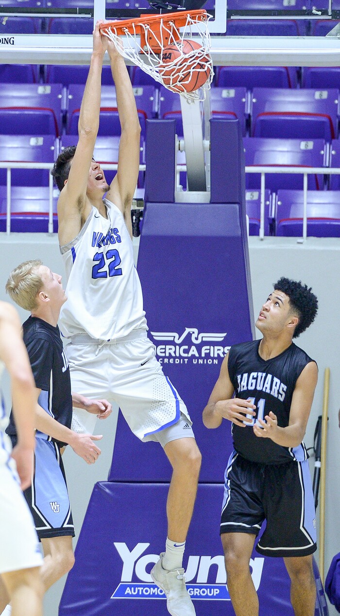 (Leah Hogsten  |  The Salt Lake Tribune) Pleasant Grove's Matt Van Komen (22) had 14 points and 10 rebounds. Pleasant Grove defeated West Jordan 62-54 in the 6A High School Boys' Basketball Tournament opening game at Weber State University’s Dee Events Center in Ogden,  Tuesday, Feb. 27, 2018. 