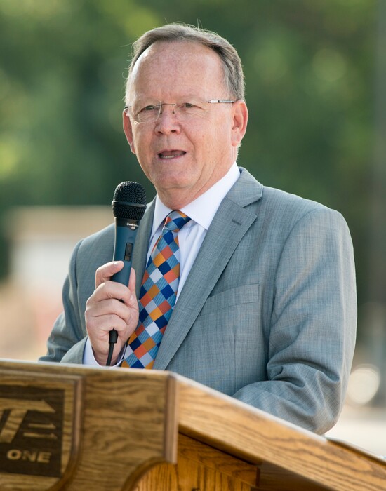 Rick Egan | The Salt Lake Tribune
Sen. Stuart Adams says a few words during a ceremony to complete improvements in Layton including a ThrU Turn, a single-point urban interchange and additional lanes at Hill Field Road and I-15, Wednesday, August 31, 2016.