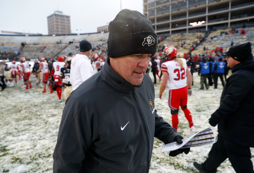 Colorado head coach Mike MacIntyre heads off the field after the second half of an NCAA college football game Saturday, Nov. 17, 2018, in Boulder, Colo. Utah won 30-7. (AP Photo/David Zalubowski)