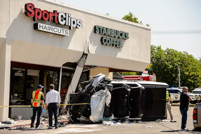(Trent Nelson | The Salt Lake Tribune)
One person was killed, and several injured, when a car drove into a Starbucks parking lot and into a patio Friday June 8, 2018 in Holladay.