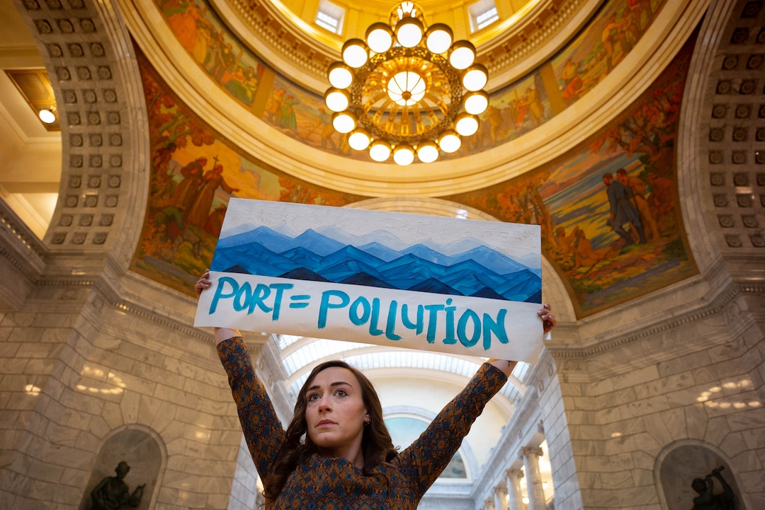 (Trent Nelson  |  The Salt Lake Tribune) Chelsie Kemper at a rally against the Inland Port at the state Capitol in Salt Lake City on Monday, Feb. 3, 2020.