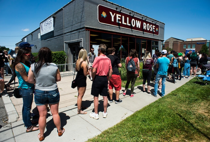 (Rick Egan | The Salt Lake Tribune) People line up at the Yellow Rose Tattoo for a flash tattoo event where all proceeds go to the Rape Recovery Center of Utah. It's part of a national event where tattoo shops raise money for sexual assault victims. Sunday, June 10, 2018.