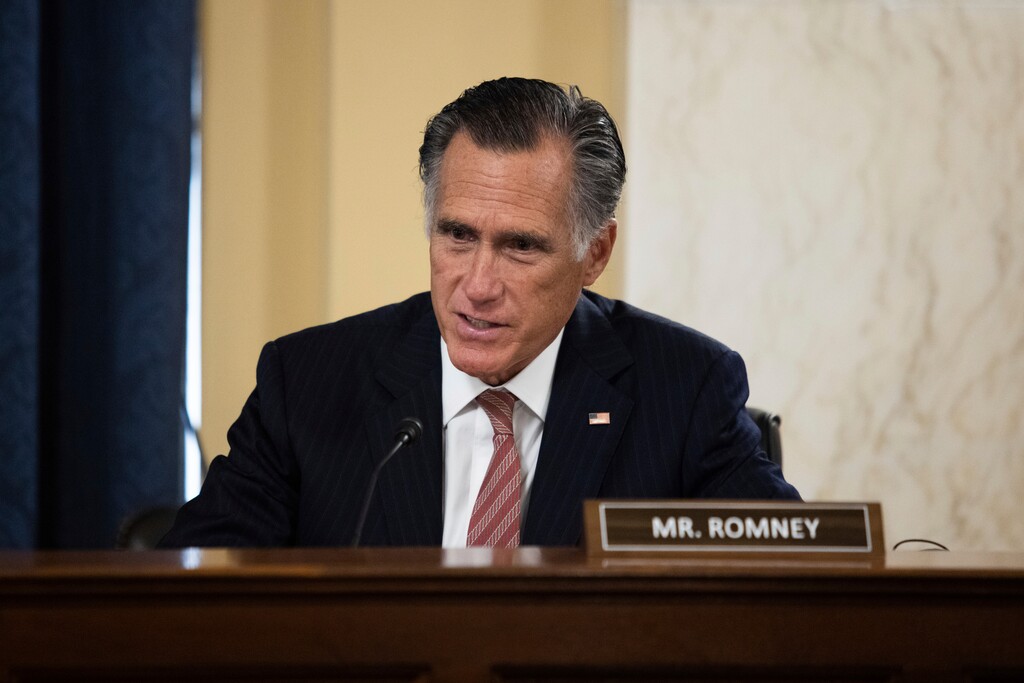 Sen. Mitt Romney, R-Utah, questions Secretary of State nominee Antony Blinken during his confirmation hearing to be Secretary of State before the Senate Foreign Relations Committee on Capitol Hill in Washington, Tuesday, Jan. 19, 2021. (Graeme Jennings/Pool via AP)