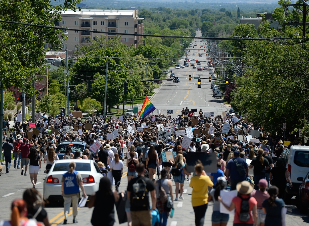(Francisco Kjolseth  |  The Salt Lake Tribune) Demonstrators march the streets of downtown Salt Lake City for a rally as part of a series of Juneteenth celebrations on Friday, June 19, 2020.