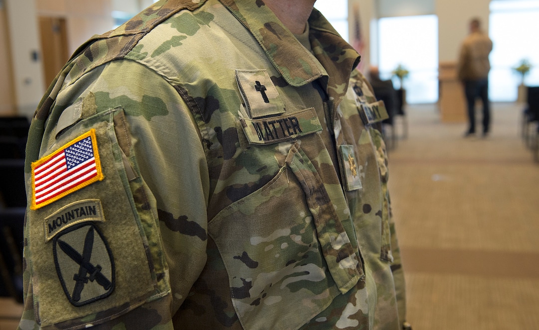 Scott Sommerdorf | The Salt Lake TribuneThe chaplain's insignia on Major Tim Blatter's uniform at the Camp Williams chapel, Sunday, March 4, 2018.