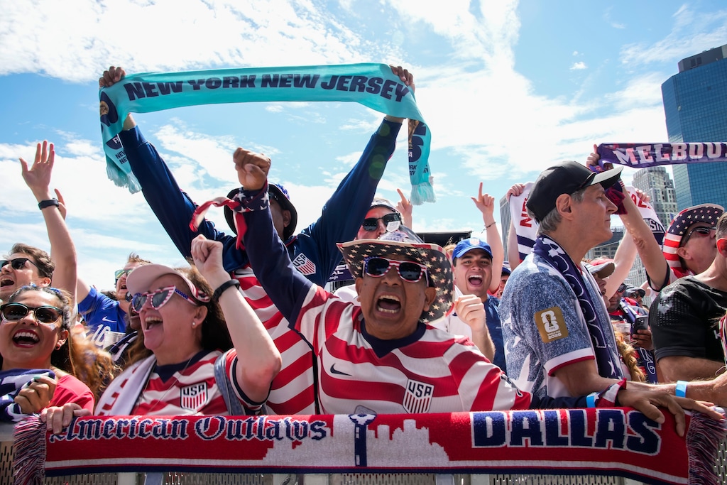 (Eduardo Munoz Alvarez | AP) Fans celebrate during the announcement of the United States men's national soccer team roster, Tuesday, May 26, 2026, in New York, ahead of the FIFA World Cup soccer tournament. 