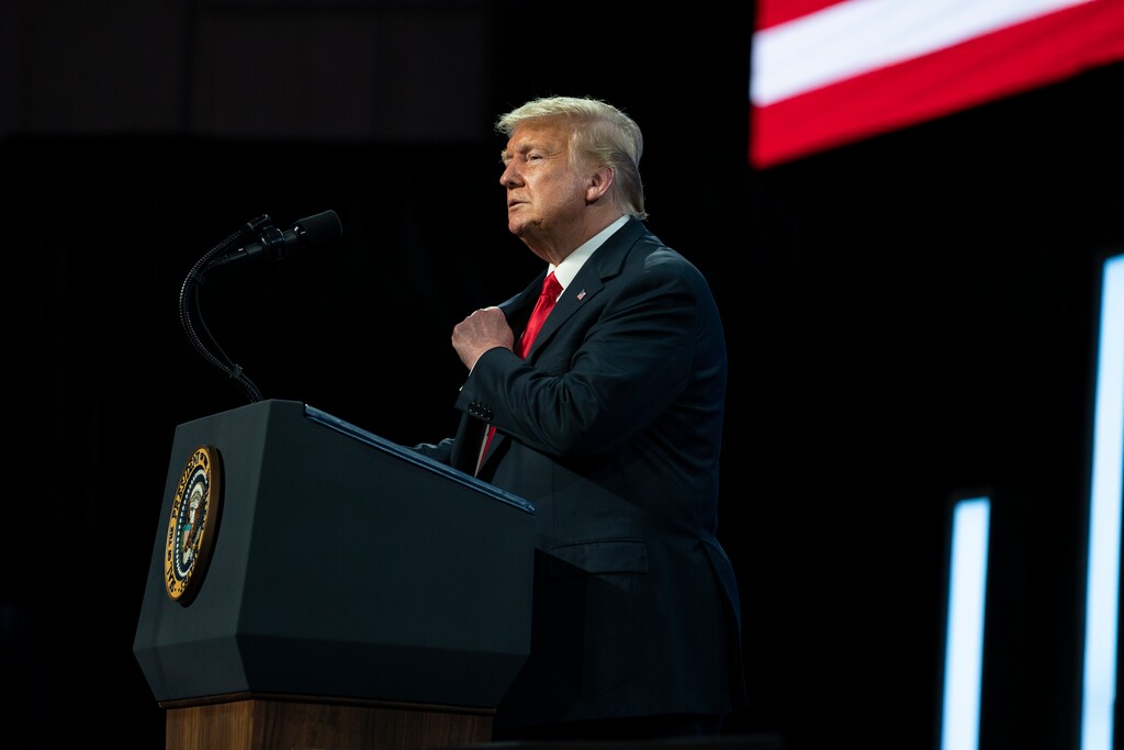(Evan Vucci | AP file photo)  President Donald Trump speaks to a group of young Republicans at Dream City Church in Phoenix on June 23, 2020.