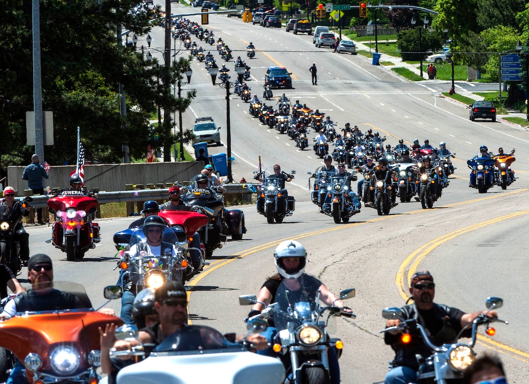 (Rick Egan  |  The Salt Lake Tribune)    motorcycles lead the funeral procession for five-year-old Elizabeth Shelley from Nyman Funeral Home to the Logan Cemetery. Elizabeth was allegedly killed by her uncle in Logan last week. Tuesday, June 4, 2019.