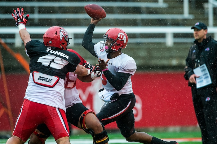 Chris Detrick  |  The Salt Lake Tribune
Utah Utes quarterback Troy Williams (3) throws the ball during a scrimmage at Rice-Eccles Stadium Saturday March 25, 2017.  