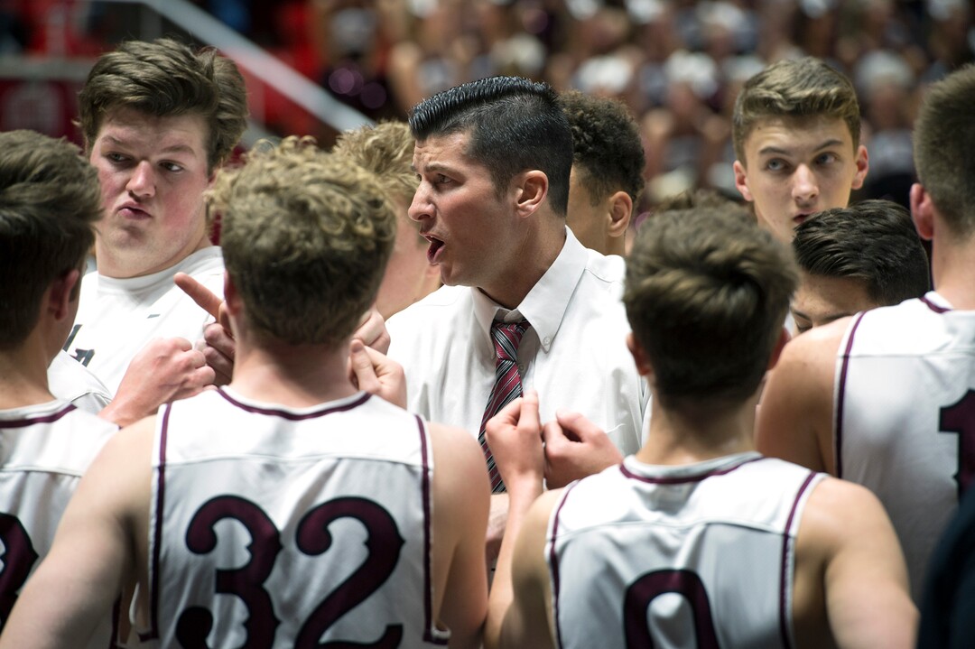 Scott Sommerdorf | The Salt Lake TribuneLone Peak head coach David Evans talks with his team during a first half time out. Lone Peak beat Layton 82-47, in a boy's 6A semi-final, FrIday, March. 2, 2018.
