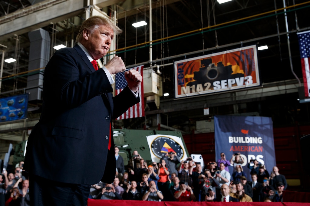 (Evan Vucci | AP file photo) President Donald Trump arrives to deliver remarks at the Lima Army Tank Plant on March 20, 2019, in Lima, Ohio.