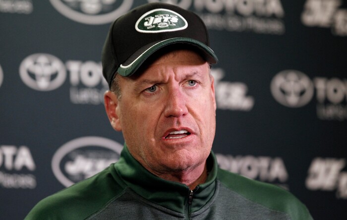 New York Jets head coach Rex Ryan speaks during a news conference after an overtime NFL football game against the Minnesota Vikings, Sunday, Dec. 7, 2014, in Minneapolis. The Vikings won 30-24. (AP Photo/Alex Brandon)