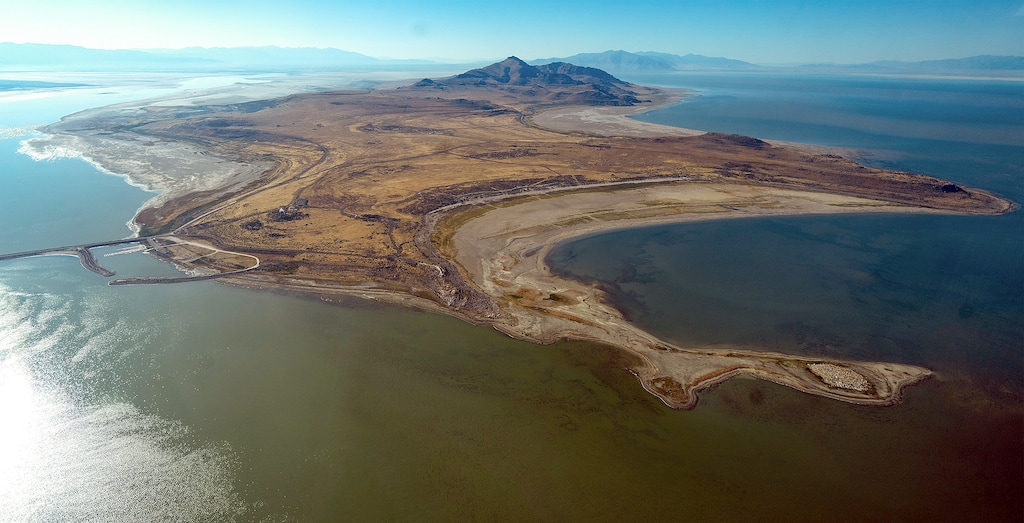 (Rick Egan | The Salt Lake Tribune) Antelope Island on the Great Salt Lake is photographed Tuesday, Sept. 5, 2023, from an aerial tour provided by EcoFlight.
