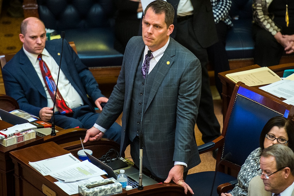 Chris Detrick  |  The Salt Lake TribuneSenator Jacob L. Anderegg speaks about 2HB 222 Criminal Offenses Modifications during Senate Floor Time at the Utah State Capitol Thursday March 9, 2017. 