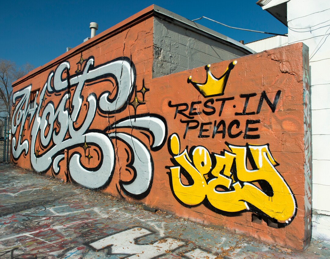 (Rick Egan  |  The Salt Lake Tribune)   A spray-painted tribute to Joey Kirk  ("MOST") on 700 West in Salt Lake City.  Joey,  was hit by a TRAX train and killed on Nov. 1. Friday, December 1, 2017.