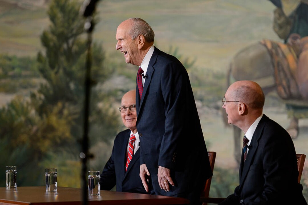 (Trent Nelson | The Salt Lake Tribune)  Dallin H. Oaks, Russell M. Nelson, and Henry B. Eyring at a news conference in the lobby of the Church Office Building in Salt Lake City, Tuesday January 16, 2018. Nelson was named the 17th president of the nearly 16 million-member Church of Jesus Christ of Latter-day Saints. Oaks was named First Counselor in the First Presidency and Eyring Second Counselor in the First Presidency.