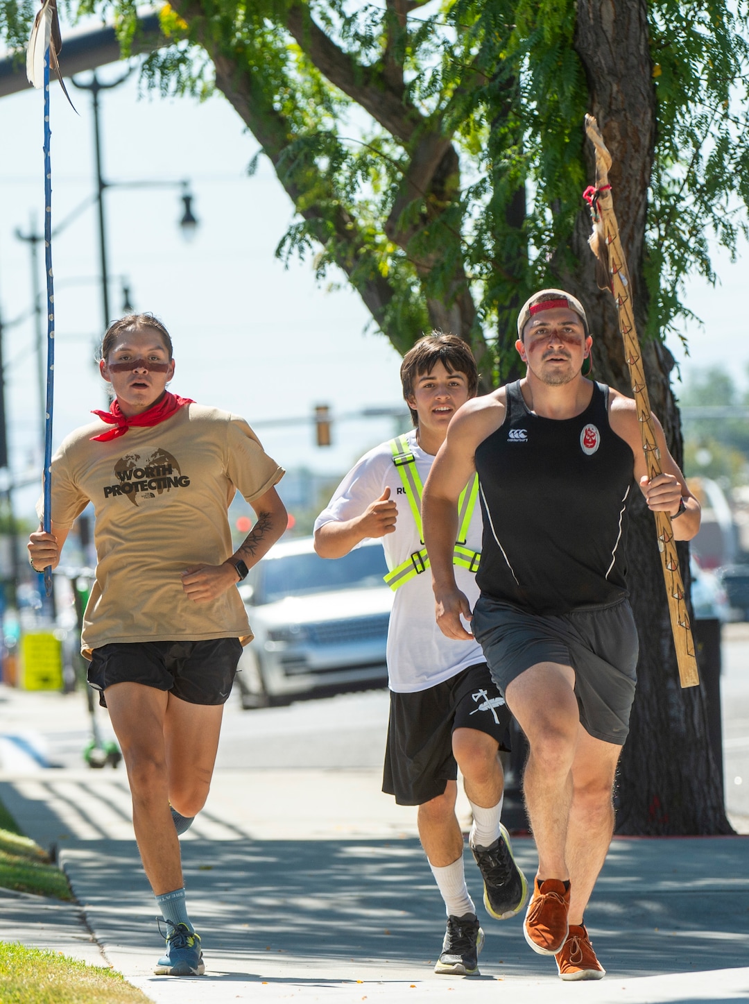 (Rick Egan  |  The Salt Lake Tribune)   
Marcus Onesalt and Michael Charles run with eight other runners Bears Ears National Monument to Salt Lake City for the "Running As Medicine - Indigenous Youth Prayer Run" on  Saturday, Sept. 5, 2020.