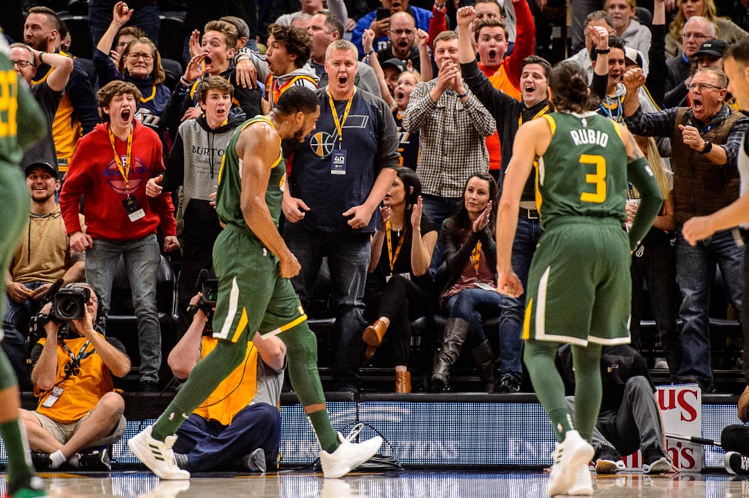 (Trent Nelson | The Salt Lake Tribune)  Utah Jazz forward Derrick Favors (15) reacts after dunking the ball as the Utah Jazz host the Milwaukee Bucks, NBA basketball in Salt Lake City on Saturday March 2, 2019.