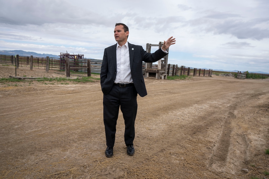 (Rick Egan | The Salt Lake Tribune) Ben Hart, executive director of the Utah Inland Port Authority, stands on agricultural land slated to soon become industrial development in West Weber County on Monday, May 20, 2024.