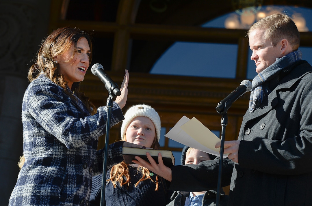 (Francisco Kjolseth  |  The Salt Lake Tribune) Ana Valdemoros is sworn in as District 4 Councilwoman by her husband Regan R. Duckworth at Salt Lake City Hall on Monday, Jan. 6, 2020.