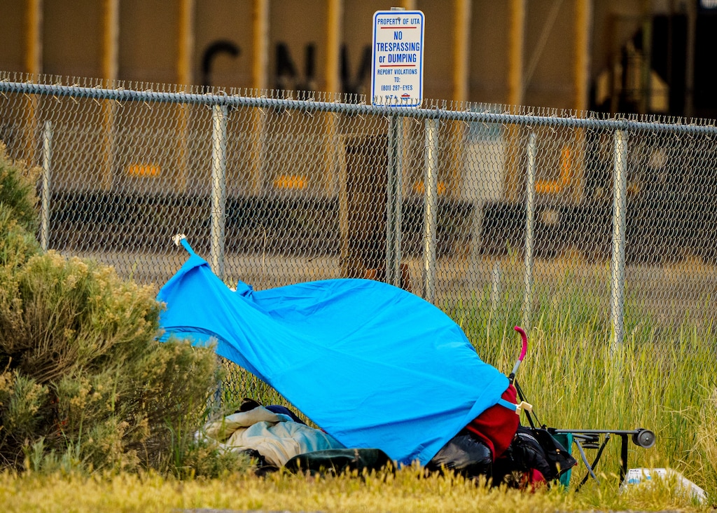 (Trent Nelson  |  The Salt Lake Tribune) A roadside camp in Provo on Monday, May 17, 2021.