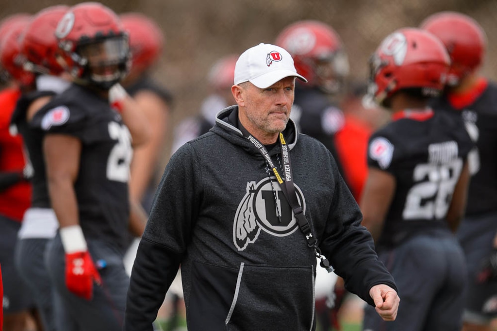 (Trent Nelson | The Salt Lake Tribune)  University of Utah coach Kyle Whittingham at the first day of spring football practice in Salt Lake City on Monday March 4, 2019.
