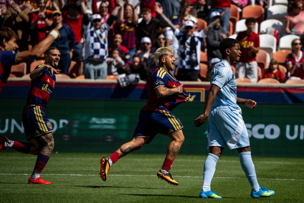 (Trent Nelson  |  The Salt Lake Tribune) Real Salt Lake midfielder Diego Luna (10) celebrates a goal as Real Salt Lake hosts Sporting Kansas City, MLS soccer in Sandy on Saturday, April 4, 2026.
