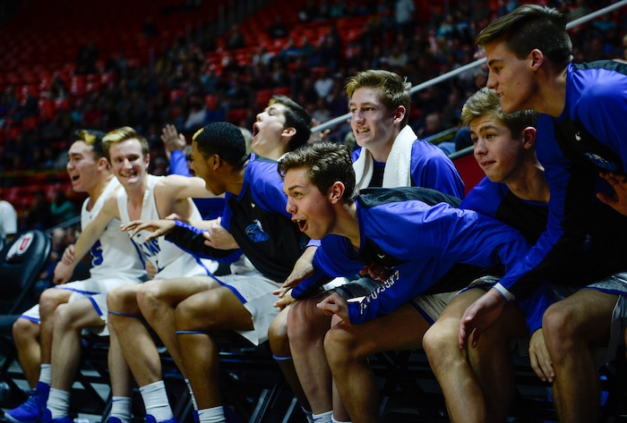 (Francisco Kjolseth  |  The Salt Lake Tribune)  Weber vs Pleasant Grove, 6A State high school basketball tournament at the Huntsman Center in Salt Lake City, Thursday March 1, 2018. The Pleasant Grove bench erupts during their game against Weber. 