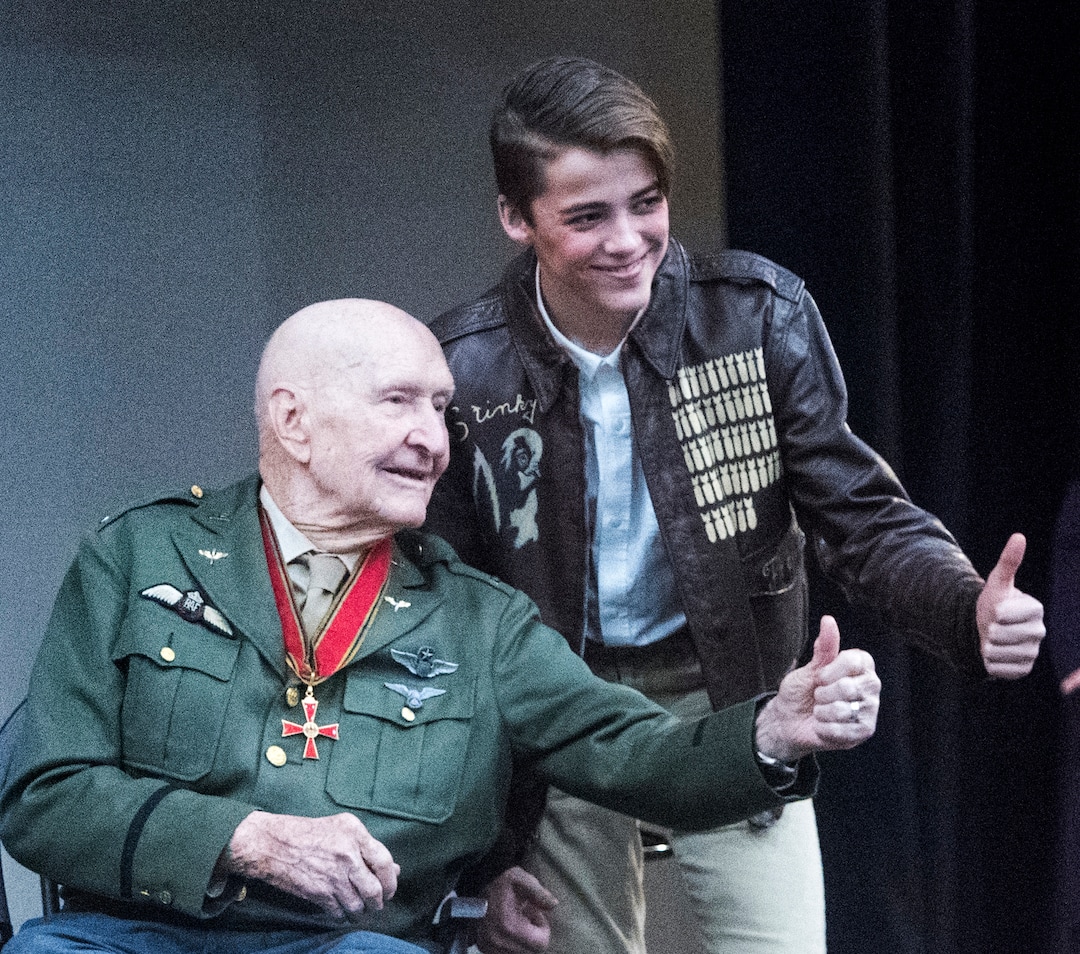 (Rick Egan  |  The Salt Lake Tribune)  Gabe Duggar poses for a photo with Candy Bomber, Gail Halvorsen, after playing the part of Gail Halvorsen in the Mueller Park Jr High production of "The Berlin Candy Bomber" at Woods Cross High School, Saturday, November 11, 2017.