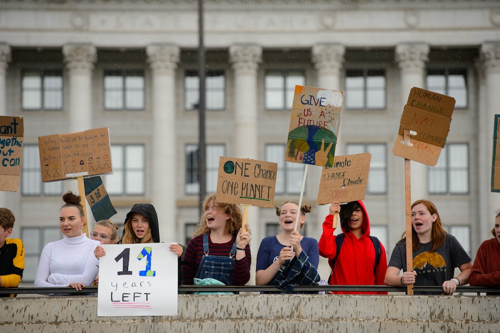 (Trent Nelson  |  The Salt Lake Tribune)  Students rally at the State Capitol in Salt Lake City on Friday May 24, 2019 to call attention to climate change.