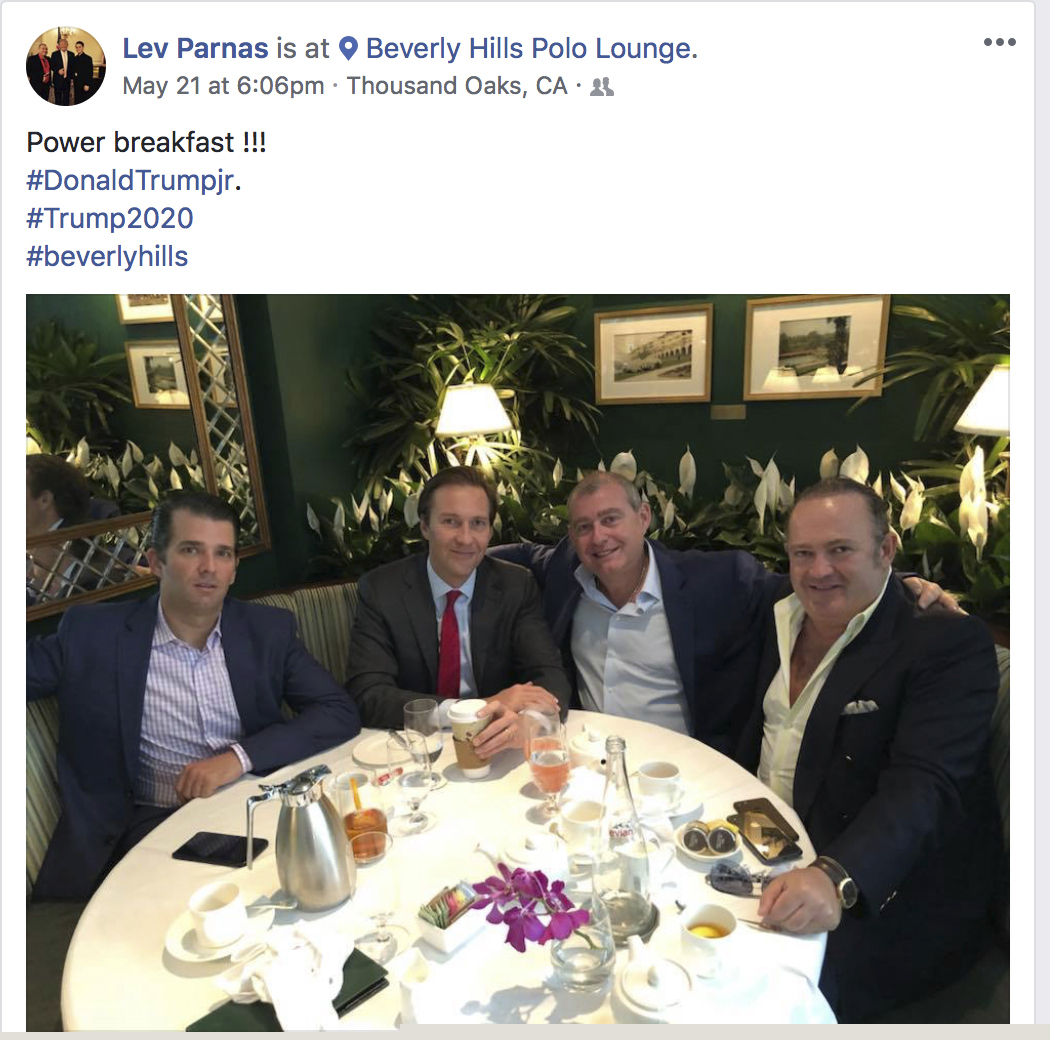 (The Campaign Legal Center | AP) This Facebook screen shot provided by The Campaign Legal Center, shows from left, Donald Trump, Jr., Tommy Hicks, Jr., Lev Parnas and Igor Fruman, posted on May 21, 2018. Lev Parnas and Igor Fruman, believed to be important witnesses in the House’s impeachment inquiry of Trump, were arrested on campaign finance charges Oct. 10.