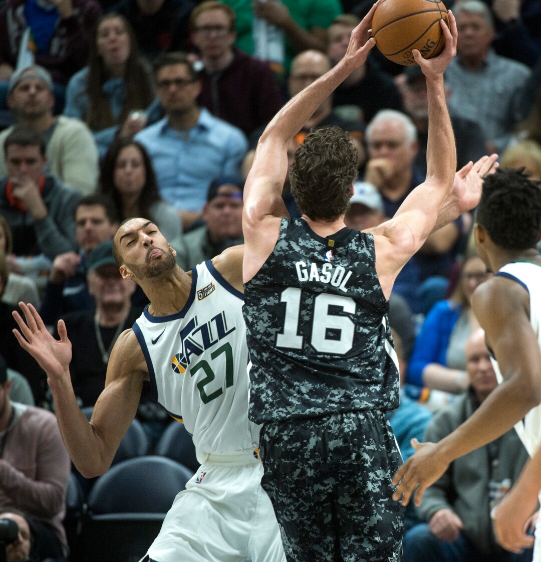(Rick Egan  |  The Salt Lake Tribune)  San Antonio Spurs center Pau Gasol (16) shoots as Utah Jazz center Rudy Gobert (27) defends, in Salt Lake City, Monday, February 12, 2018.