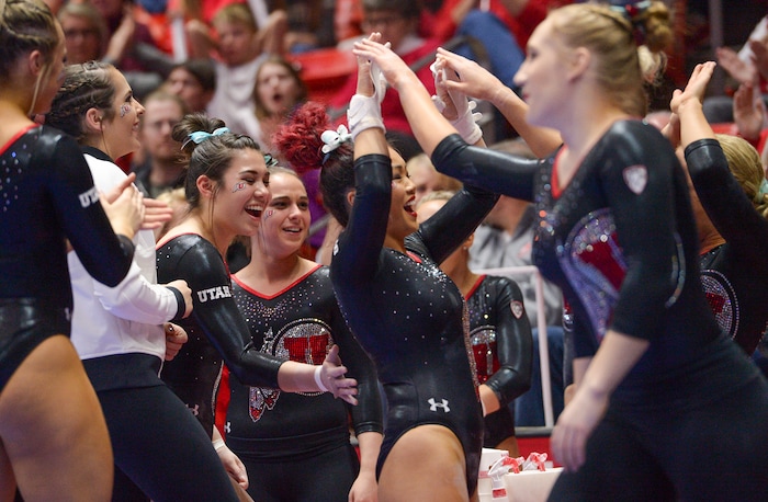 (Leah Hogsten  |  The Salt Lake Tribune) Kari Lee received a score of 9.90 on the uneven bars as the No. 4 Utah gymnasts host No. 20 Georgia in the final regular season meet at Jon M Huntsman Center in Salt Lake City Friday, March 16, 2018. 