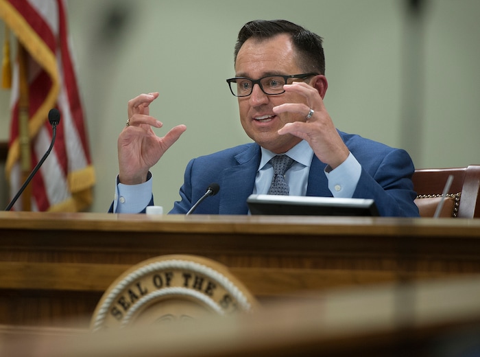 (Scott Sommerdorf   |  The Salt Lake Tribune)   
Speaker of the House Greg Hughes, R-Draper, questions Juvenile Justice Services director Susan Burke during the Legislative Audit Committee's hearing on a "Performance Audit of Juvenile Justice Services", Thursday, January 25, 2018.
