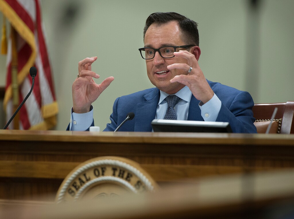 (Scott Sommerdorf | The Salt Lake Tribune)
Speaker of the House Greg Hughes, R-Draper, questions Juvenile Justice Services director Susan Burke during the Legislative Audit Committee's hearing on a "Performance Audit of Juvenile Justice Services", Thursday, January 25, 2018.