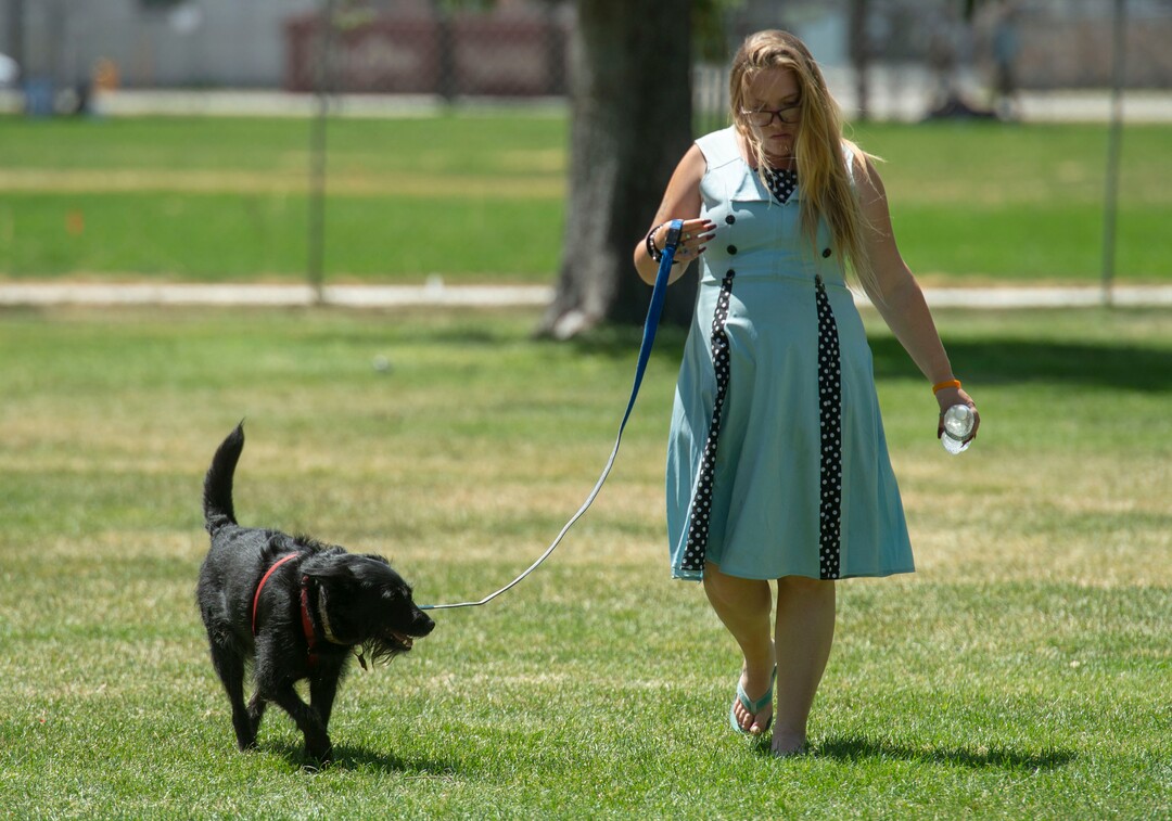 (Rick Egan  |  The Salt Lake Tribune)  Haylee Krch walks across Liberty Park with her dog Bingo, to visit the Street Dawg Crew, a group that gives out food, treats, leashes and things fort pets of homeless people. Sunday, July 7, 2019.