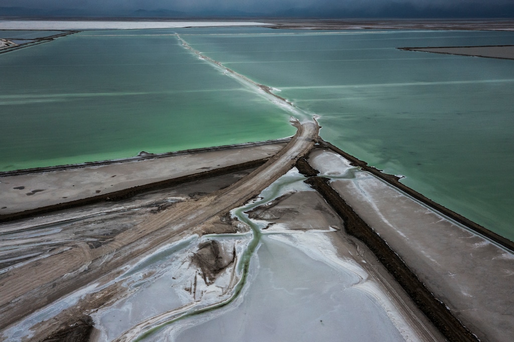 (Leah Hogsten | The Salt Lake Tribune) Aerial photographs of Compass Minerals in Ogden, April 11, 2022. Compass Minerals produces salt, plant nutrients and magnesium chloride for appilcation primarily in North America. Ogden's 55,000-acre solar evaporation pond complex produces salt, sulfate of potash and magnesium chloride from the Great Salt Lake.