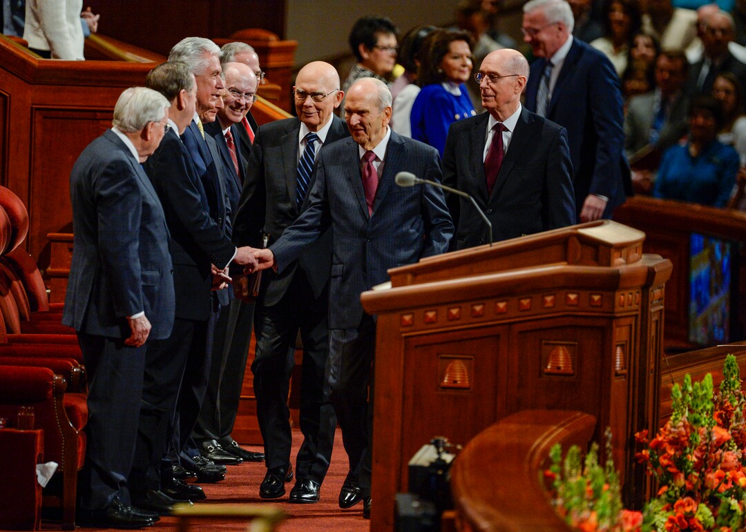 (Leah Hogsten  |  The Salt Lake Tribune) l-r President Dallin H. Oaks, President Russell M. Nelson and President Henry B. Eyring enter the morning session of the189th Annual General Conference of The Church of Jesus Christ of Latter-day Saints in Salt Lake City.