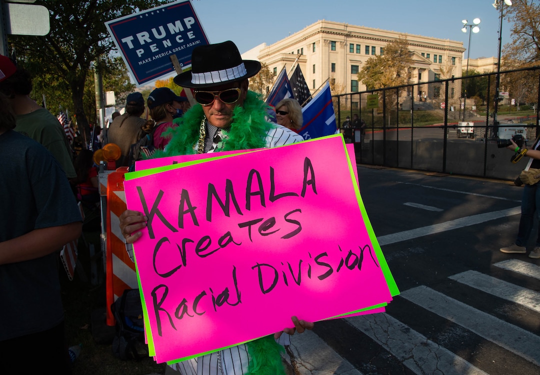 (Francisco Kjolseth  |  The Salt Lake Tribune) Douglas Gordon joins supporters of President Donald Trump outside of Kingsbury Hall on the University of Utah campus in Salt Lake City on Wednesday, Oct. 7, 2020, before the vice presidential debate.